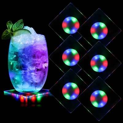 LED-Getränkeuntersetzer, 6er-Set, Acryl, 10 cm, 3 Modi, bunt