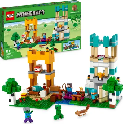 Produktbild von LEGO 21249 Minecraft Die Crafting Box 4.0, 2in1-Set zum Bauen, Türme am Fluss oder Katzenhütte, mit den Figuren Alex, Steve, Creeper und Zombie-Mobs, Actionspielzeug für Kinder, Jungen und Mädchen