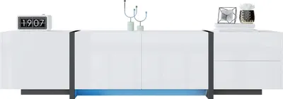 Image de Meuble TV blanc brillant avec pieds noirs, trois portes, un tiroir et une porte battante – meuble bas 170 x 30 x 39 cm, design moderne
