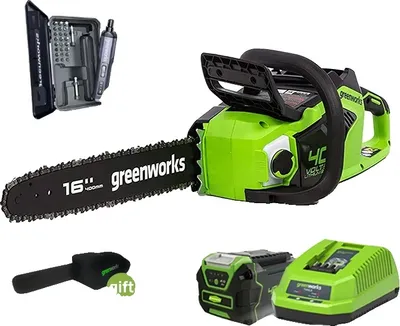 Zdjęcie produktu dla Bezszczotkowa pilarka łańcuchowa Greenworks, zasilanie akumulatorowe 40 V, długość łańcucha 16 cali, jeden akumulator