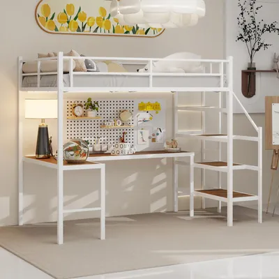 Produktbild von MODFU Kinderbett 90x200 Hochbett mit Treppe und Stauraum Ablagefächer ,Jugendbett mit L-form Schreibtisch,Bettgestell Jugendzimmer,ohne Matratze,Weiß