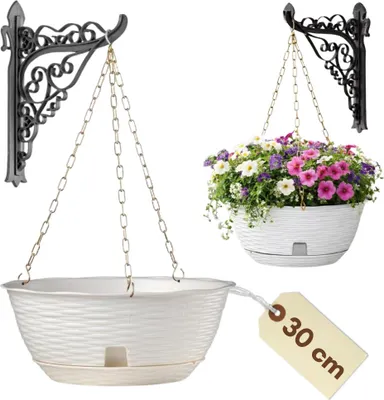 Produktbild von Blumenampel Blumentopf Hängend Hängeblumentopf Pflanzschale Hängend Hängeampel Blumenampel mit Wandhalterung Hängetopf Hängende Blumenschale Kette Untersetzer Weiß