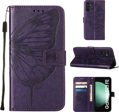 Produktbild von Lederhülle für Samsung Galaxy S23 FE Schmetterling Prägung Flip Ledertasche Kartenfächer Handyhülle mit Ständer Lila