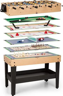A multi-game table with various game surfaces stacked on top of each other, presented against a white background.