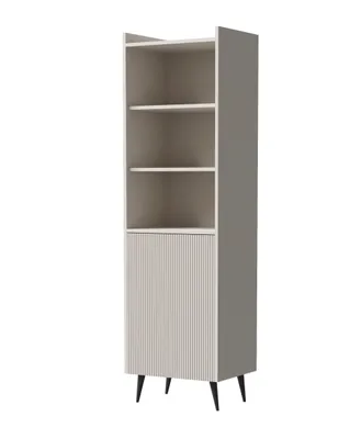 A tall, narrow bookcase with a ribbed cabinet door at the bottom and three open shelves above, set against a white background.
