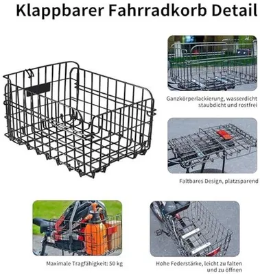 Zdjęcie produktu dla Koszyk rowerowy tylny - Koszyk na bagaż do roweru - Koszyk na zakupy - Składany - Z siatką - 37x27x20 cm - Czarny
