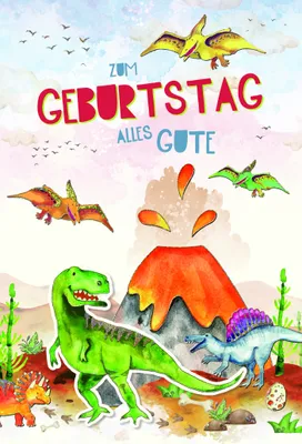 Produktbild von Kindergeburtstag  Karte mit Briefumschlag Dinosaurier mit Vulkan