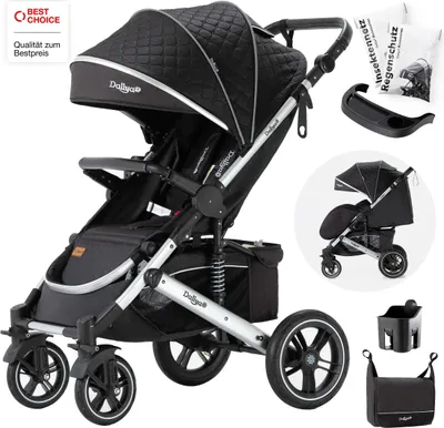 Produktbild von Daliya® Rapidy Buggy / Kinderwagen 0-36 Monate / Sportwagen mit Liegeposition / Wickeltasche, Winterfußsack, Ess- & Spieltisch und mehr Schwarz mit Muster – Silber