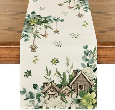 Produktbild von Artoid Mode Holzhaus Vögelchen Blumen Frühling Tischläufer, Saisonnal Küche Tisch Dekoration Drinnen Urlaub Party Dekor 40x140 cm