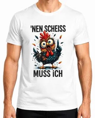 Imagen del producto de Camiseta para hombre, color blanco, talla M, con la frase "nen Scheiss" (que se traduce como "ninguna mierda"), diseño de gallo y pollo, con un toque humorístico, sarcástico y atrevido