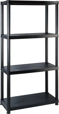 A black plastic shelving unit with four shelves against a white background.