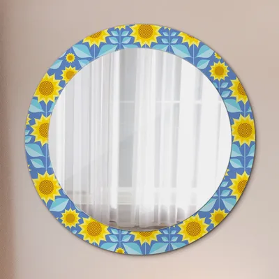 Produktbild von Spiegel mit Grafiken – Modern Spiegel - Dekorative Spiegel – Schminkspiegel - Rundspiegel - Geometrisch Sonnenblumen - Runder: Ø70cm