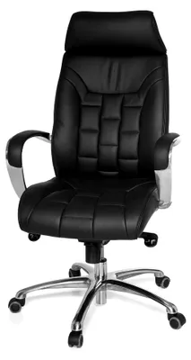 Produktbild von Bürostuhl aus Echtleder schwarz, Schreibtischstuhl bis 120kg, Wippfunktion, Chefsessel mit Armlehnen, Drehstuhl schwarz