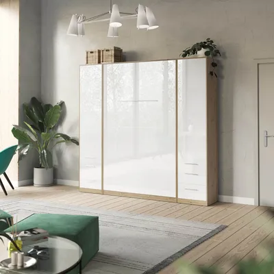 Produktbild von SMARTBett Wohnwand  Set mit Schrankbett Standard 140x200 Vertikal + 2 x 50-Schränke Wildeiche/Weiss Hochglanz