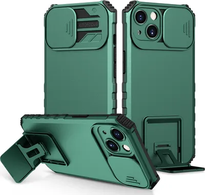 Obrázek produktu pro Pouzdro pro iPhone 14 dvouvrstvé robustní, vojenská ochrana pouzdro s stojánku a posuvnou ochranou kamery zelené