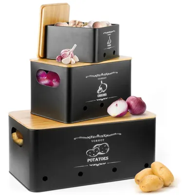 Kartoffel-Aufbewahrungsbox-Set, 3-teilig, Bambusdeckel, schwarz