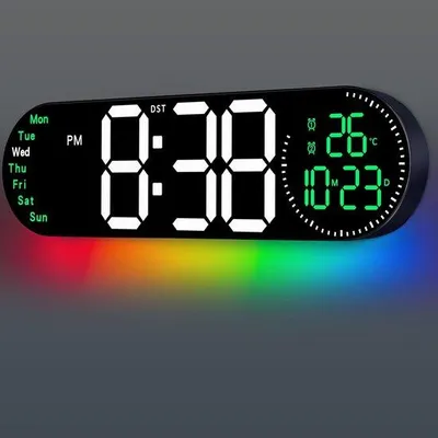Image de Grande horloge murale numérique avec télécommande à 9 couleurs, affichant la date, le jour de la semaine, la température, avec réglage automatique de la luminosité, un grand cadran, une fonction veilleuse, et de couleur verte