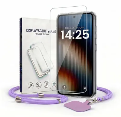 Produktbild von Handyhülle für Samsung Galaxy S23 mit Handykette und 9H Displayglas Displayschutz Band in Lila Violett Kordel Hülle Case Schutzhülle Transparent