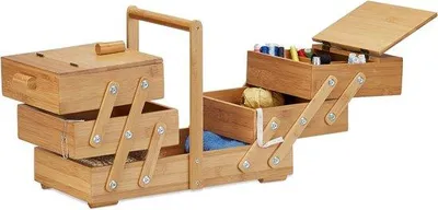 Zdjęcie produktu dla Bambusowe pudełko do szycia XXL z wieloma przegródkami - rozkładane - 30 x 44 x 22 cm pudełko do przechowywania pudełka do szycia