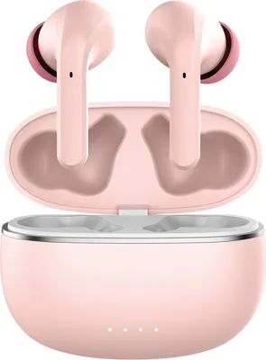 A pair of pink wireless earbuds and their charging case are displayed against a white background.