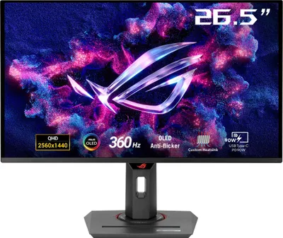 A gaming monitor displaying a colorful, abstract image with the brand logo prominently featured. Text overlays highlight key specifications.