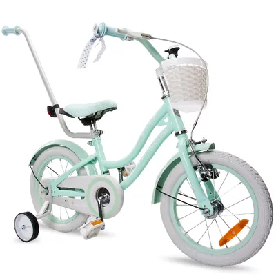 Image de Bicyclette pour fille 14 pouces 3-5 ans avec roues d'entrainement poussoir cloche panier Silver Moon Mint
