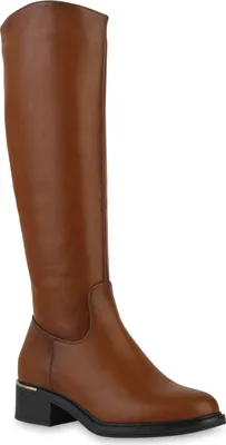A single brown leather boot is shown against a white background.