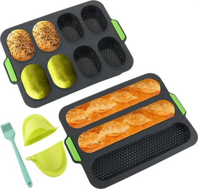 Produktbild von Mini-Baguette-Bakblech Silikon graue Muffinform - Set von 2 mit Handclips und Öl-Pinsel
