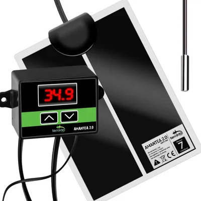 A heating mat with a digital thermostat and temperature probe for terrariums.