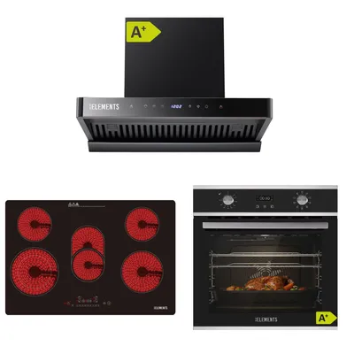 Produktbild von KB ELEMENTS Sparset, Einbauherd Set, Herdset, Glaskeramikkochfeld 77cm 8400 Watt, Dunstabzugshaube 80cm 1350 m³/h, Backofen 60cm 70 Liter, EEK A+