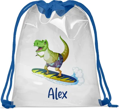 Produktbild von Personalisierbar Kinder Schwimmbad Turnbeutel mit Namen Transparenter Beutel 30 x 40 cm Wasserfeste Tasche mit UV Print Gymsac Jutebeutel Print Bag Fitness Junge Dino [010]