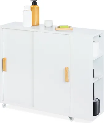 Produktbild von Relaxdays Nischenschrank, 4 Fächer, WC-Bürstenhalter, HxBxT: 62 x 19,5 x 64 cm, Bad, MDF, Bambus, Rollwagen, weiß/natur