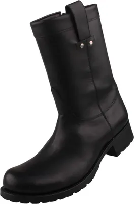 Das Bild zeigt einen schwarzen Stiefel der seitlich von der linken Seite betrachtet wird. Der Schuh hat eine hohe Form mit einer robusten Sohle und einem glatten Obermaterial.
