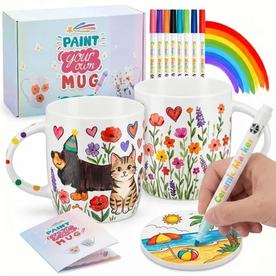 Immagine prodotto di Set per decorare tazze in Vetroceramica, composto da 2 tazze e 2 sottobicchieri, 12 pennarelli per porcellana, ideale per creare un regalo personalizzato per adulti