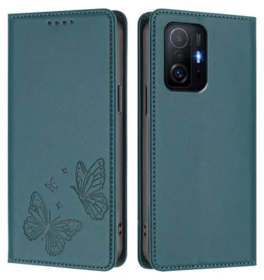 Produktbild von Lederhülle für Xiaomi 11T /Xiaomi 11T Pro, Schmetterling Prägung Leder Brieftasche Schutzhülle mit Ständer Grün