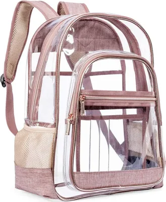 Produktbild von 15 L große, transparente Büchertasche mit verstellbaren Trägern, mehreren Taschen und Fächern – robuste, durchsichtige, durchsichtige Büchertasche aus Kunststoff für Schule, Arbeit, Reisen – Rosa