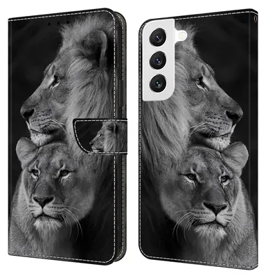Produktbild von CLM-Tech Handyhülle kompatibel mit Samsung Galaxy S24 Hülle - Tasche aus Kunstleder - Klapphülle mit Ständer und Kartenfächern - Schutzhülle Wallet Case Cover Löwe in schwarz grau