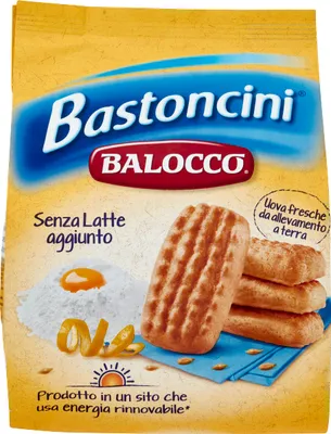 A package of Balocco Bastoncini cookies, showing ingredients and the cookies themselves.
