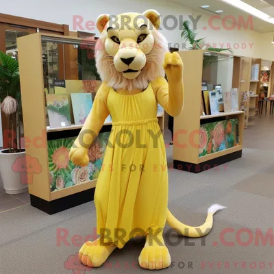 Produktbild von Maskottchenfigur REDBROKOLY eines zitronengelben Smilodon gekleidet in ein Maxikleid und Clutch-Taschen