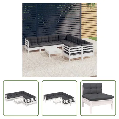 Produktbild von The Living Store 9-tlg. Garten-Lounge-Set mit Kissen Weiß Kiefernholz