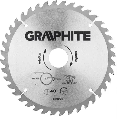 Produktbild von GRAPHITE Widia Kreissaegeblatt 180 x 30 mm, 40 Zähne zum Schneiden von Holz und Holzwerkstoffen wie Sperrholz, Spanplatten, MDF.