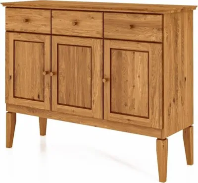 Produktbild von Kommode Sydo aus Wildeiche massiv 127x45x100 cm 3 Türen 3 Schubladen Holzbeine