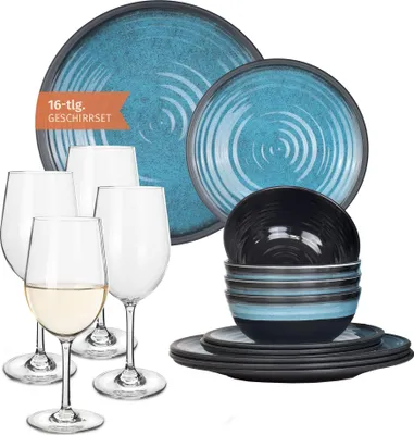 Produktbild von Melamin Camping Geschirr Set 4 Personen Stone Blue + 4 Tiamo Weiß Weingläser Tafelgeschirr Picknick BBQ Kochgeschirr