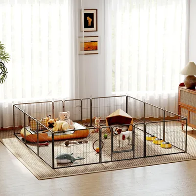 Produktbild von Hundezaun Welpenauslauf 12 Paneele, Welpengitter Hundelaufstall, Stahl, Grau | 60 cm hoch | Indoor & Outdoor | 2 Türen