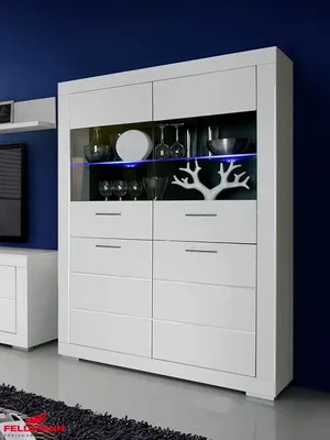 Image de Vitrine en verre, buffet haut pour salon, 4 portes, 116 cm, blanc mat