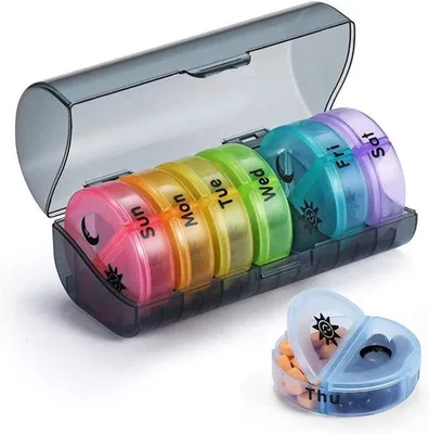 Imagen del producto de Organizador de medicamentos para 7 días - 2 compartimentos - Contenedor portátil - Plegable - Compartimentos diarios de colores