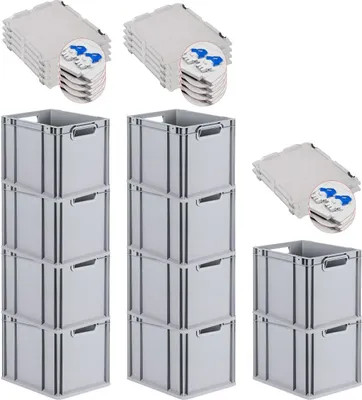 Produktbild von SuperSparSet 10x Eurobox NextGen Grip mit Scharnierdeckel und blauen Schiebeschnappverschlüssen | HxBxT 32x30x40cm | 30 Liter | Grau | Griffe offen | Glatter Boden | Eurobehälter, Transportbox, Transportbehälter, Stapelbehälter