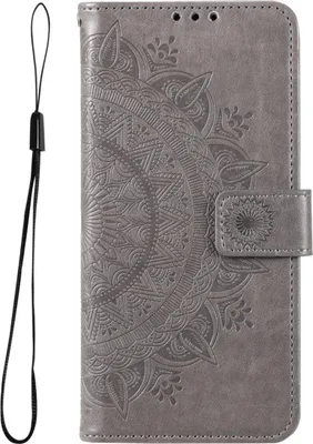 A gray flip case for a smartphone with a mandala embossed pattern and a wrist strap.