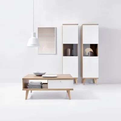 Produktbild von Wohnzimmer Set – Wohnzimmer Möbel – PRIMO – 3-teilig – Weiß / Sonoma Eiche – 2× Vitrine – Couchtisch – Elegantes Wohnzimmer Set