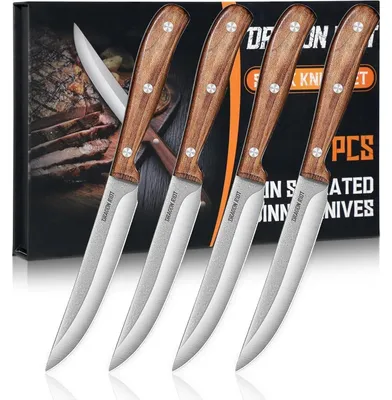 Immagine prodotto di Set di coltelli per bistecca, 4 pezzi, con manico in legno e confezione regalo | Lama liscia | Acciaio inossidabile, 9.6 inch
